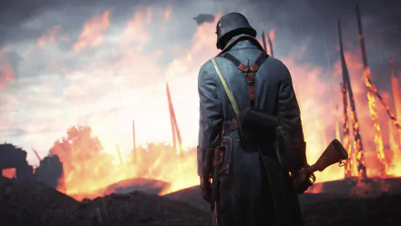 A soldier stands with a rifle, facing a fiery battlefield in this 4K Ultra HD wallpaper inspired by the video game Battlefield 1. The scene captures a dramatic war atmosphere.
