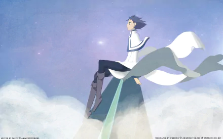 Anime HD PC desktop wallpaper of 07 Ghost: a white-cloaked character sitting on a high stone ledge, scarf and cape flowing against a soft, starry pastel sky.