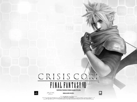Black and white HD wallpaper featuring Cloud Strife from the video game Crisis Core: Final Fantasy VII, showcasing his iconic look and design.