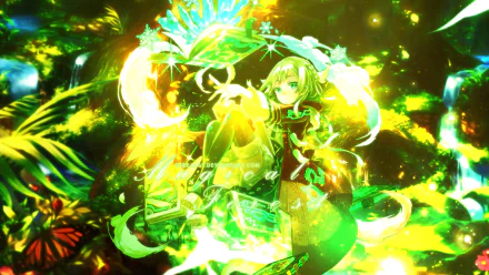 HD PC desktop wallpaper from Ta ga Tame no Alchemist anime: green-haired alchemist casting glowing green‑gold magic amid lush foliage and luminous alchemical sigils.