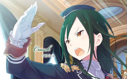 HD anime wallpaper featuring Crusch Karsten from Re:Zero - Starting Life in Another World, depicted with a determined expression and dynamic pose in a bright interior setting.