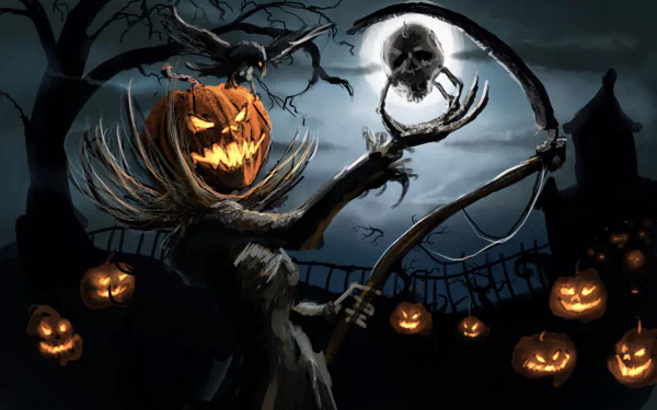 A spooky HD desktop wallpaper featuring a Halloween scene with a jack-o'-lantern-headed monster holding a scythe with a skull, surrounded by glowing pumpkins and a raven perched atop.