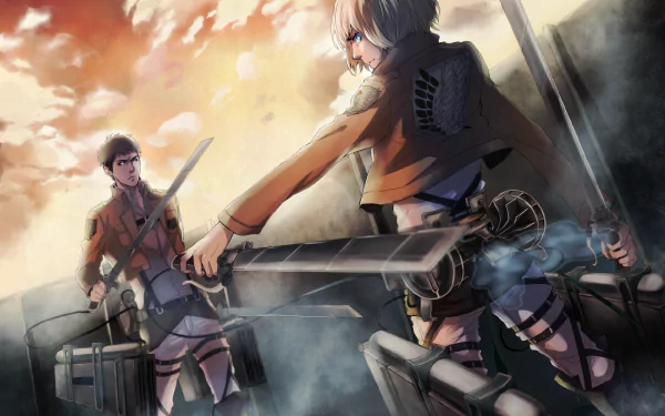 An action-packed HD wallpaper featuring Jean Kirstein and Armin Arlert from Attack on Titan, set against a dramatic sky, showcasing their resolve and readiness for battle.
