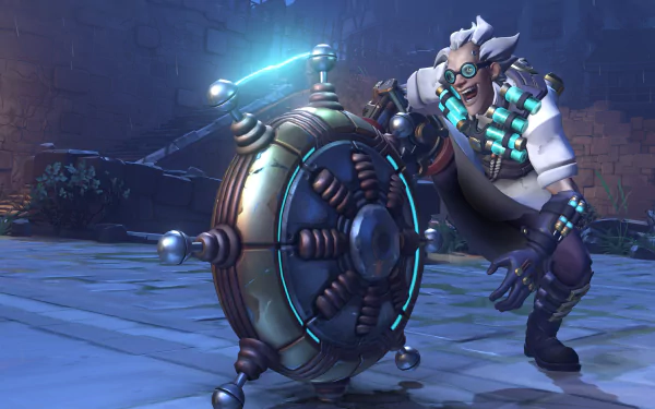 5K Ultra HD PC desktop wallpaper: Junkrat (Overwatch) in a Halloween-themed scene, grinning beside a glowing mechanical trap — video game Halloween gaming background.