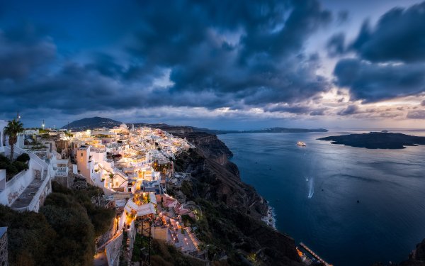 Man Made Santorini Towns Greece Ocean Sea Town Cloud Blue Horizon HD Wallpaper | Background Image