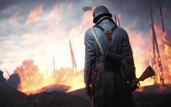 A soldier stands with a rifle, facing a fiery battlefield in this 4K Ultra HD wallpaper inspired by the video game Battlefield 1. The scene captures a dramatic war atmosphere.