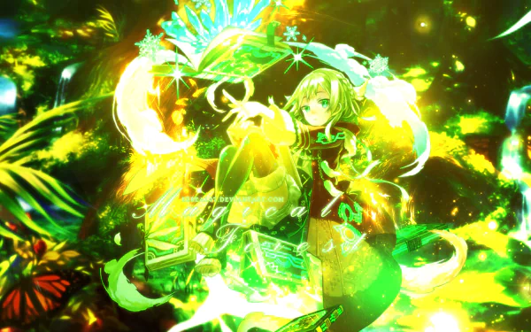 HD PC desktop wallpaper from Ta ga Tame no Alchemist anime: green-haired alchemist casting glowing green‑gold magic amid lush foliage and luminous alchemical sigils.