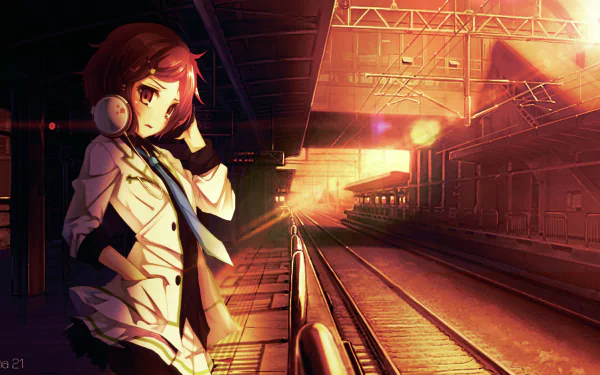 Anime-inspired HD wallpaper from Myriad Colors Phantom World, featuring a girl with headphones standing at a train station illuminated by warm, golden sunset hues.
