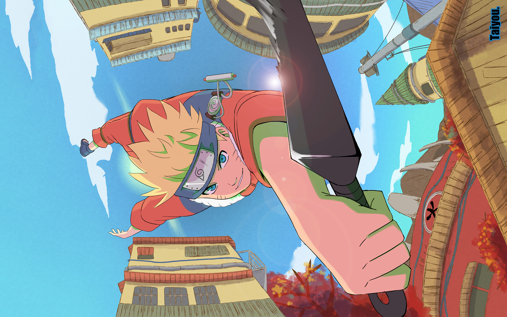 A vibrant HD wallpaper featuring Naruto Uzumaki from the anime Naruto, showcasing dynamic action against a colorful backdrop of his village.