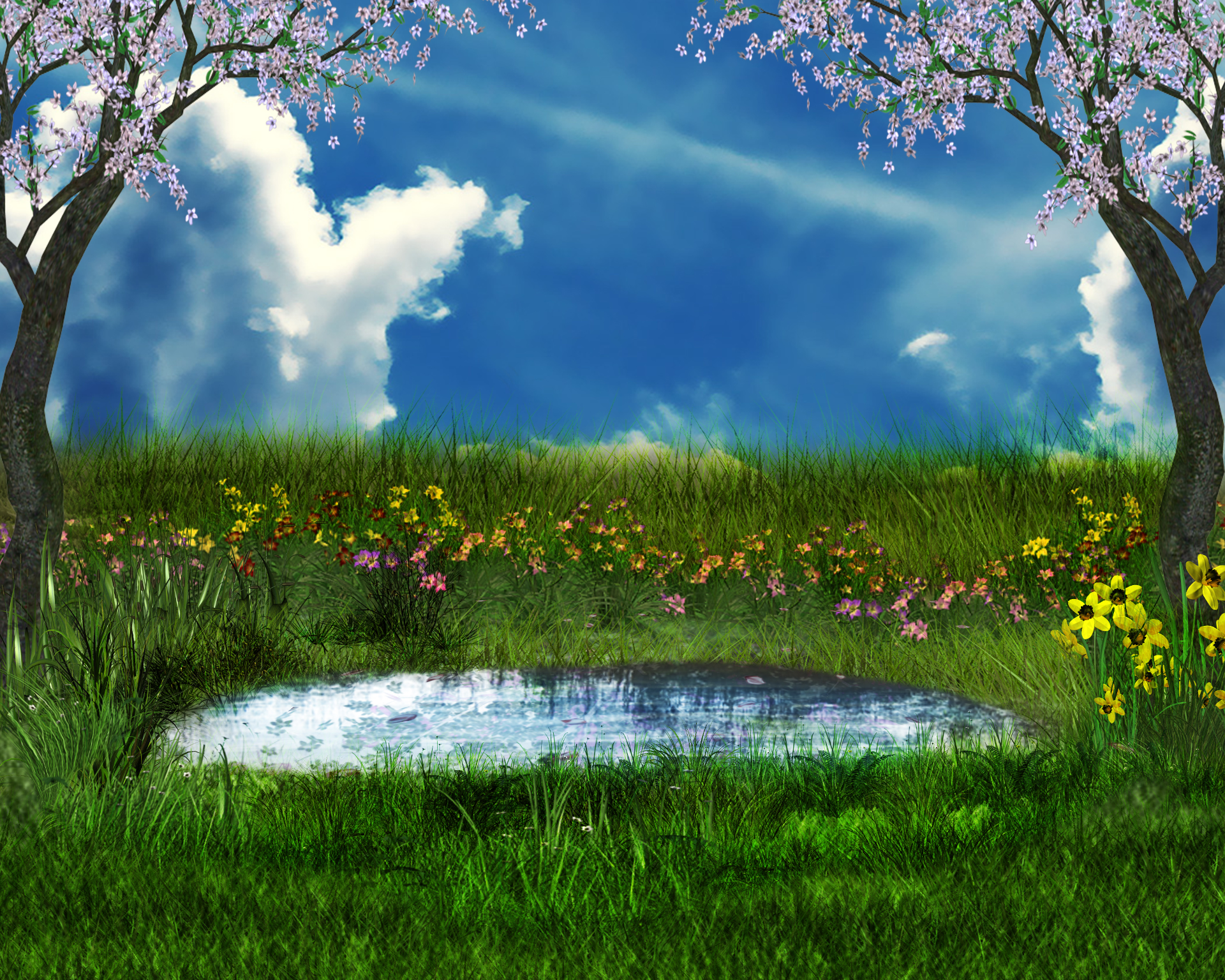 Artistic HD PC desktop wallpaper: spring scene with flowering trees framing a grassy meadow, colorful flowers and a reflective pond beneath a bright blue sky.