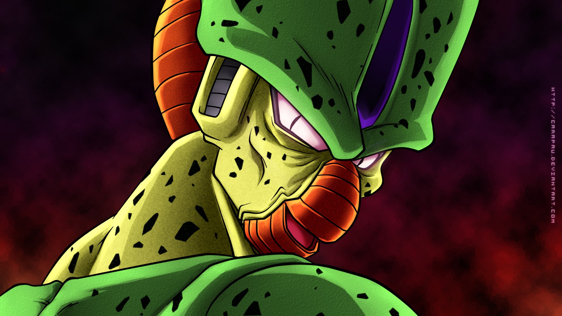 A high-definition desktop wallpaper featuring Cell from Dragon Ball Z, showcasing the character’s distinctive green appearance against a dramatic background.