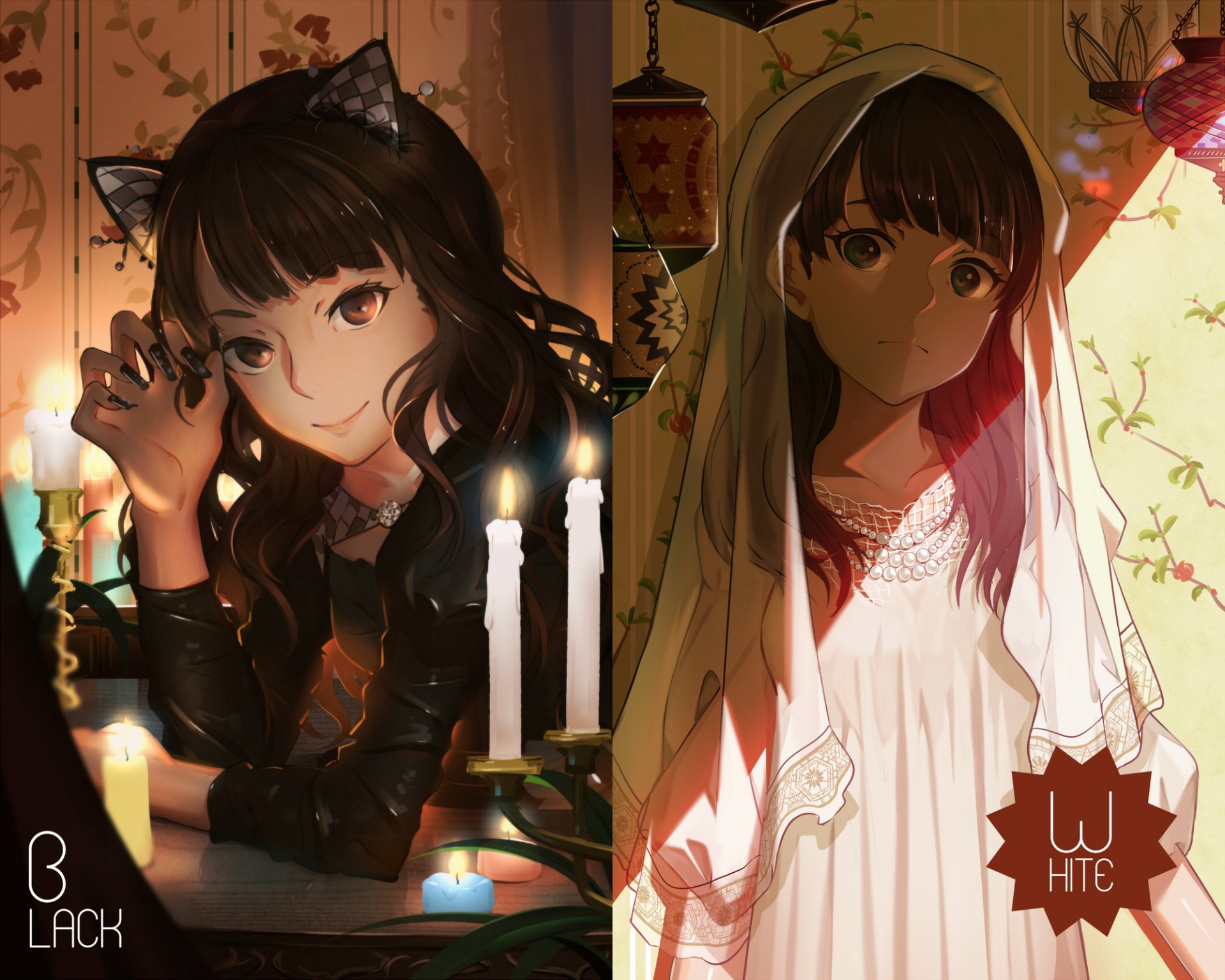 HD anime wallpaper featuring two Love Live! characters in contrasting lighting, one with candles and the other bathed in warm sunlight, showcasing detailed art and vibrant colors.