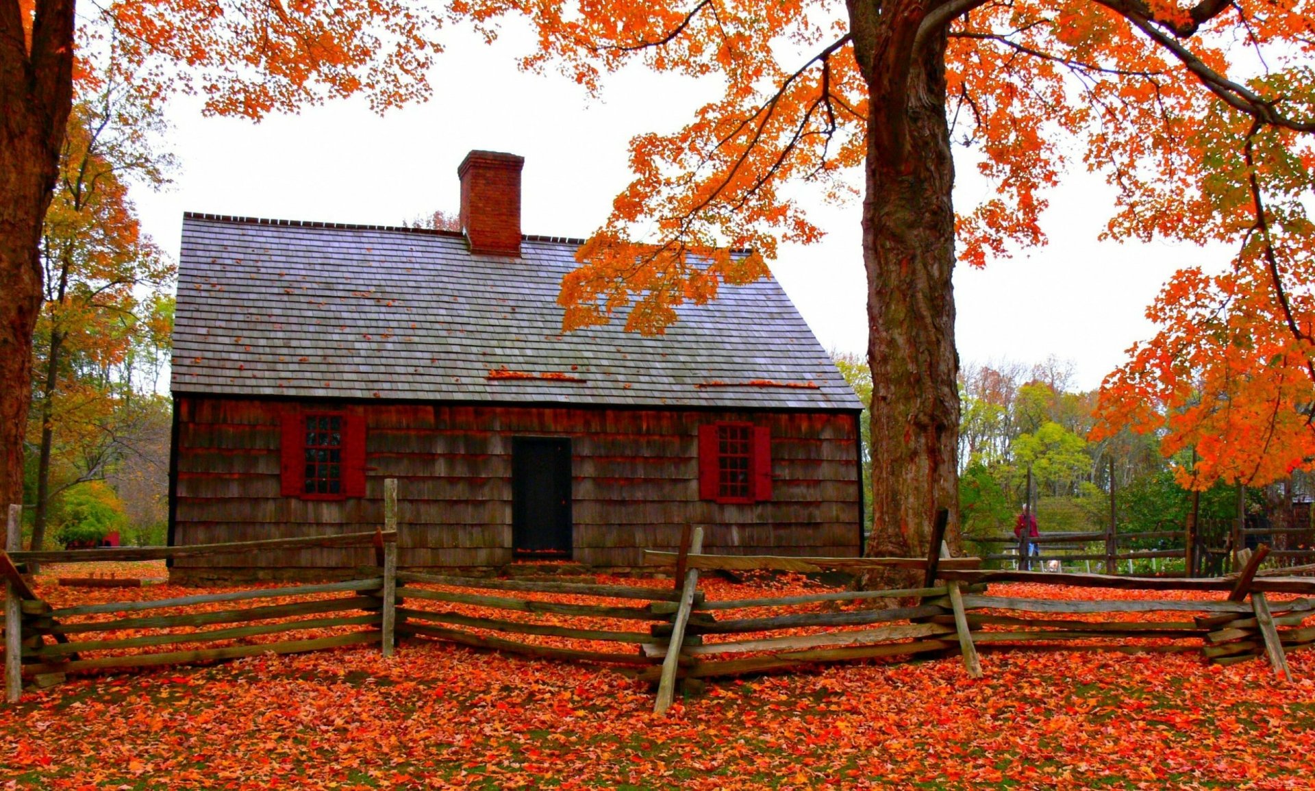 Download Fence Tree Fall House Man Made Cottage HD Wallpaper