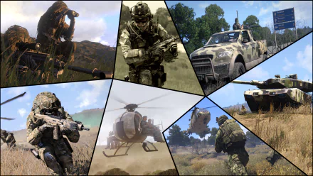 HD PC desktop wallpaper featuring soldiers, military vehicles, and helicopters from the video game Arma 3 in various tactical and combat scenes.