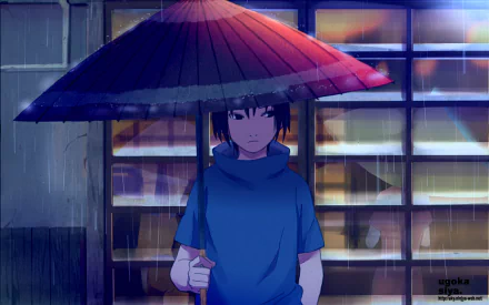 Sasuke Uchiha stands under a red umbrella in the rain, captured in a stunning HD anime scene from Naruto. This wallpaper evokes a mood of contemplation and solitude.