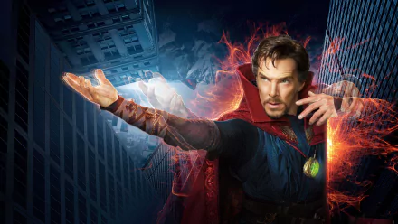 HD wallpaper featuring Benedict Cumberbatch as Doctor Strange, casting a spell with buildings in the background.