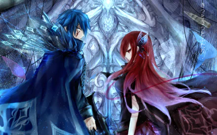 A striking HD wallpaper featuring Jellal Fernandes and Erza Scarlet from the anime Fairy Tail, set against a mystical, ornate background.