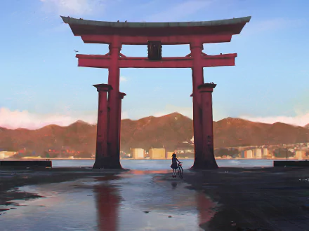 A serene anime-inspired HD wallpaper featuring a grand torii gate overlooking a calm body of water and mountains, evoking a tranquil shrine atmosphere.