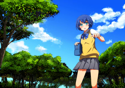 Anime-style HD desktop wallpaper from Waiting in the Summer featuring a blue-haired girl standing under a bright blue sky surrounded by lush green trees.
