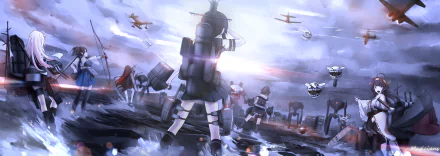 A dramatic scene from the anime Kantai Collection, featuring battleships and fighter planes in action, set against a stormy backdrop, designed as a 4K Ultra HD desktop wallpaper.