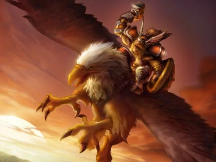 HD desktop wallpaper featuring a majestic griffin in a fantasy setting, carrying a warrior dressed in armor as they soar through a vibrant sunset sky.