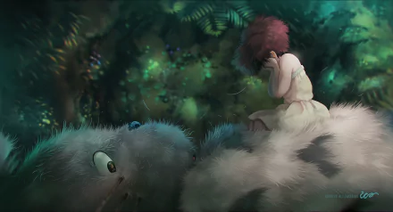 Satsuki Kusakabe sits on the fluffy Totoro, surrounded by a lush, green forest. This enchanting scene from Studio Ghibli's My Neighbor Totoro brings the magic of anime to life.