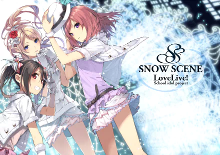 HD PC desktop wallpaper featuring Eri Ayase, Maki Nishikino, and Nico Yazawa from the anime Love Live! in a snowy, winter-themed scene.