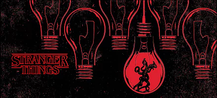 HD desktop wallpaper featuring the TV show Stranger Things with a unique design of red light bulbs. One bulb displays a distinct creature, adding a mysterious and eerie vibe to the black background.