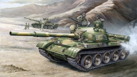 HD desktop wallpaper featuring a detailed military scene with T-62 tanks advancing through a rocky desert landscape.