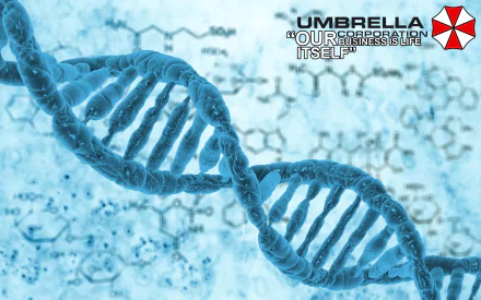 HD desktop wallpaper featuring a detailed DNA structure with the Umbrella Corporation logo and quote, inspired by the Resident Evil movie virus theme.