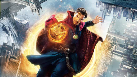 HD wallpaper featuring Benedict Cumberbatch as Doctor Strange, showcasing his powerful stance and magical effects against a dynamic, swirling background.