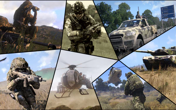HD PC desktop wallpaper featuring soldiers, military vehicles, and helicopters from the video game Arma 3 in various tactical and combat scenes.