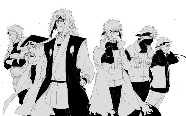 An HD wallpaper featuring iconic characters from Naruto: Jiraiya, Kakashi Hatake, Minato Namikaze, and Naruto Uzumaki, depicted in a striking black-and-white style.