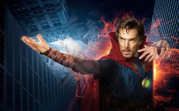 HD wallpaper featuring Benedict Cumberbatch as Doctor Strange, casting a spell with buildings in the background.
