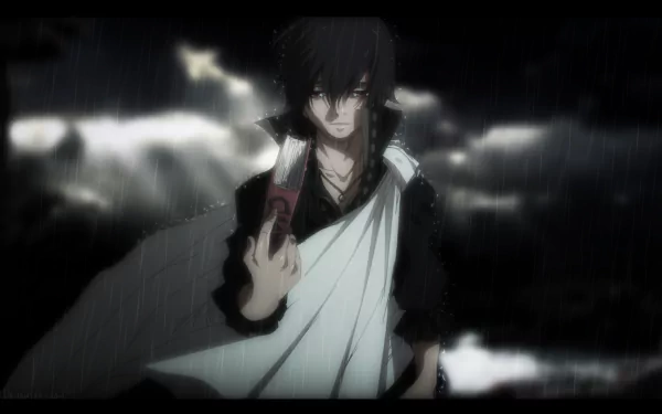 A striking HD wallpaper featuring Zeref Dragneel from the anime Fairy Tail, set against a dramatic backdrop with swirling clouds and moody lighting.