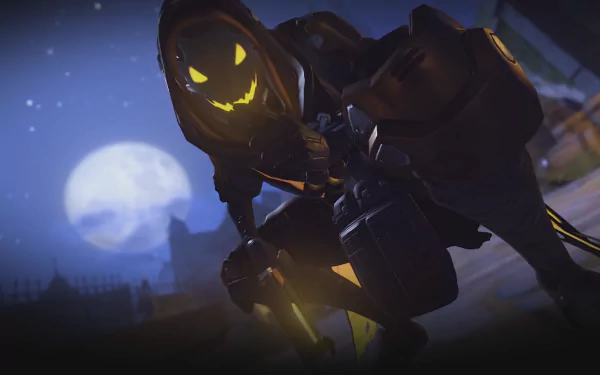 HD PC desktop wallpaper featuring Ana from Overwatch in a Halloween-themed setting with a glowing jack-o'-lantern mask under a full moon.