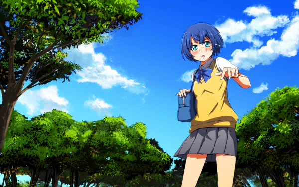 Anime-style HD desktop wallpaper from Waiting in the Summer featuring a blue-haired girl standing under a bright blue sky surrounded by lush green trees.