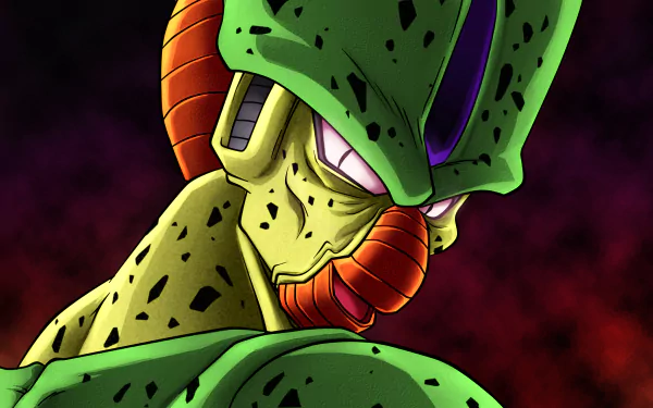 A high-definition desktop wallpaper featuring Cell from Dragon Ball Z, showcasing the character’s distinctive green appearance against a dramatic background.