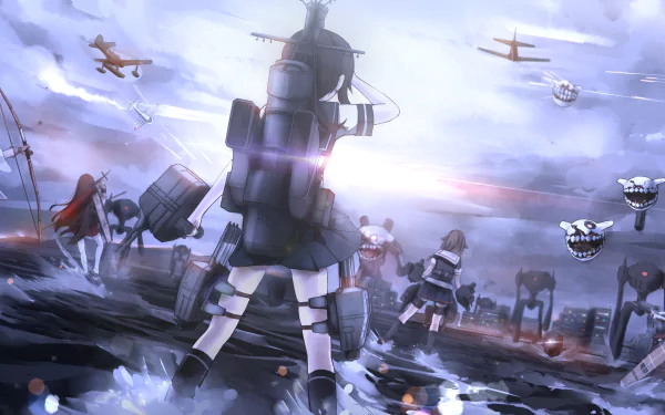A dramatic scene from the anime Kantai Collection, featuring battleships and fighter planes in action, set against a stormy backdrop, designed as a 4K Ultra HD desktop wallpaper.
