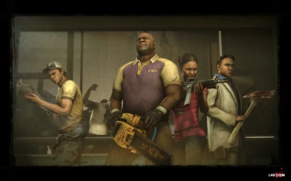 Four characters from the video game Left 4 Dead 2 armed with various weapons, standing ready for action. This HD desktop wallpaper features a gritty, intense atmosphere with zombies in the background.