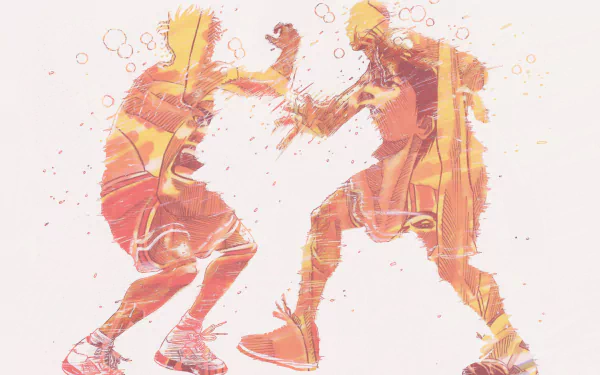 Dynamic HD wallpaper featuring basketball players Kaede Rukawa and Hanamichi Sakuragi from the anime Slam Dunk, capturing intense action and vibrant colors.