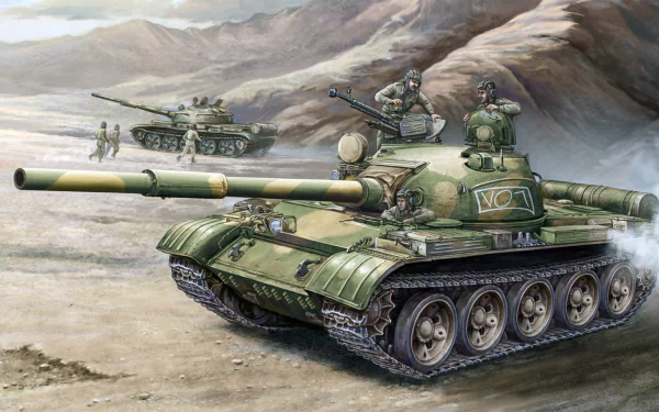 HD desktop wallpaper featuring a detailed military scene with T-62 tanks advancing through a rocky desert landscape.