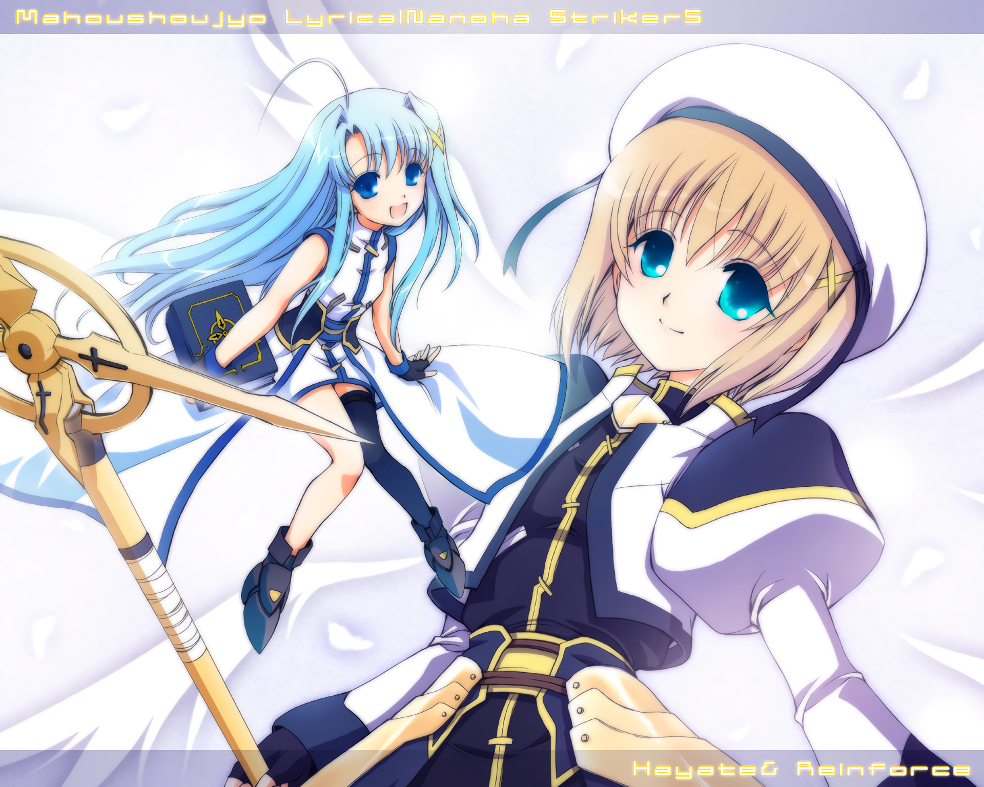 Anime HD PC desktop wallpaper and background for Magical Girl Lyrical Nanoha: two magical girls—blonde and blue-haired—in navy-and-white outfits, one holding a staff against a soft white backdrop.