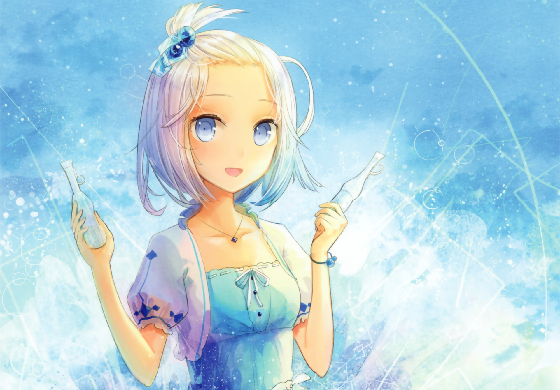 Anime-style original character with short white hair and blue eyes, set against a bright, ethereal blue background. HD PC desktop wallpaper and background.
