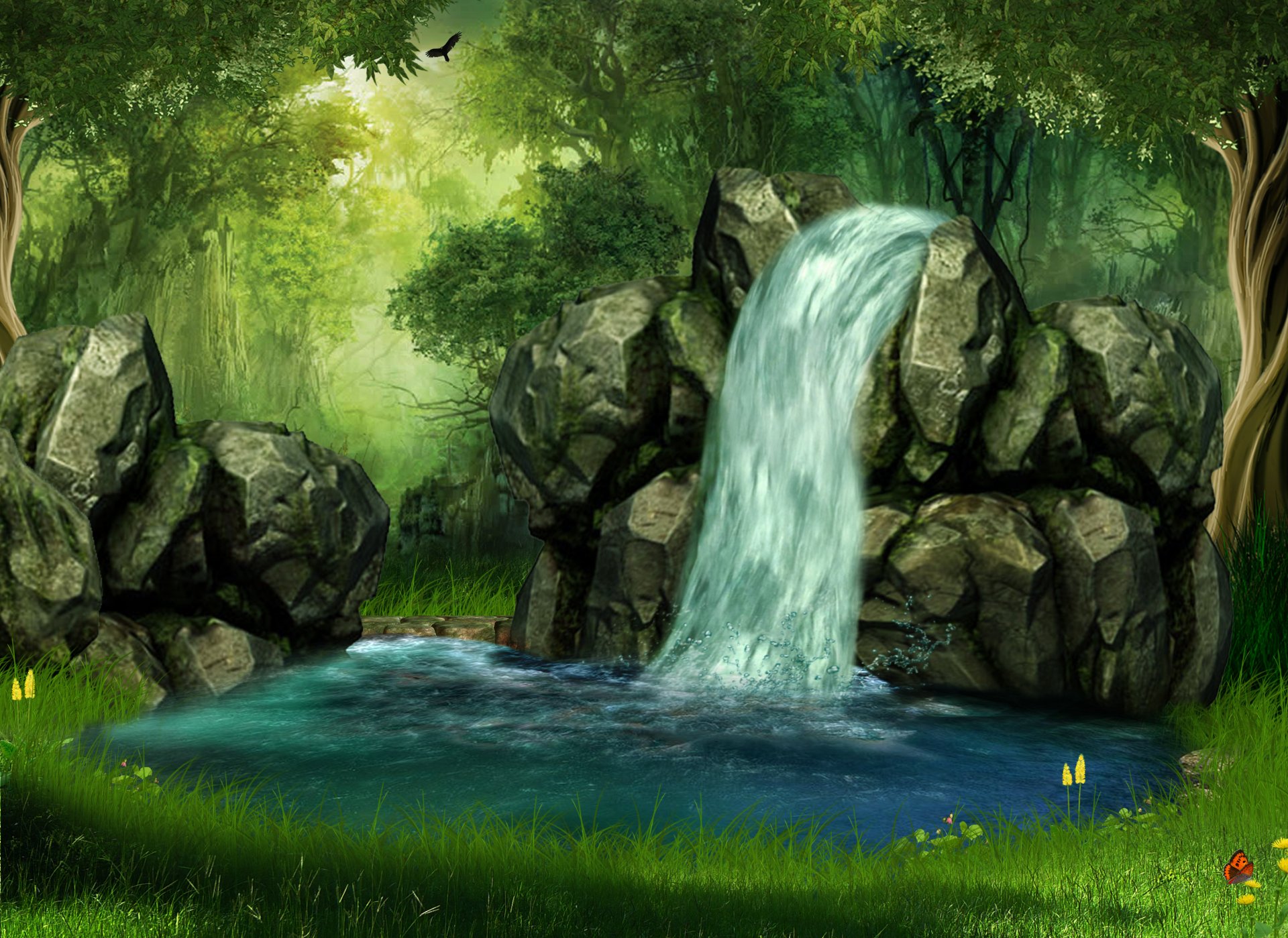 Download Tree Pond Waterfall Artistic Forest HD Wallpaper by ANDREA SURAJBALLY