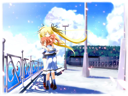 HD PC desktop wallpaper (Anime — Magical Girl Lyrical Nanoha): blonde and pink-haired magical girls embrace on a sunlit, snowy rooftop beneath a bright blue sky.