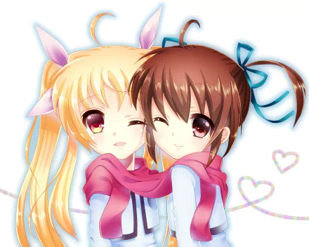 Anime HD PC wallpaper: Magical Girl Lyrical Nanoha — two smiling girls (blonde and brown) winking and hugging, wearing scarves and ribbons with pastel heart accents.