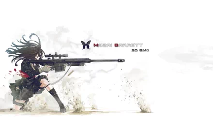 Anime-style sniper character in military attire aiming a large rifle, with swirling winds and dust creating a dramatic background. Text on the image reads .50 BMG and M82A1 BARRETT. HD desktop wallpaper.