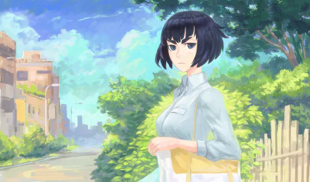 HD anime desktop wallpaper featuring Satsuki Kiryūin from Kill La Kill standing outdoors with a serene sky and lush greenery background.