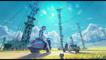 HD anime desktop wallpaper from Eureka Seven featuring two characters on scooters amid tall power poles under a bright blue sky with scattered clouds.
